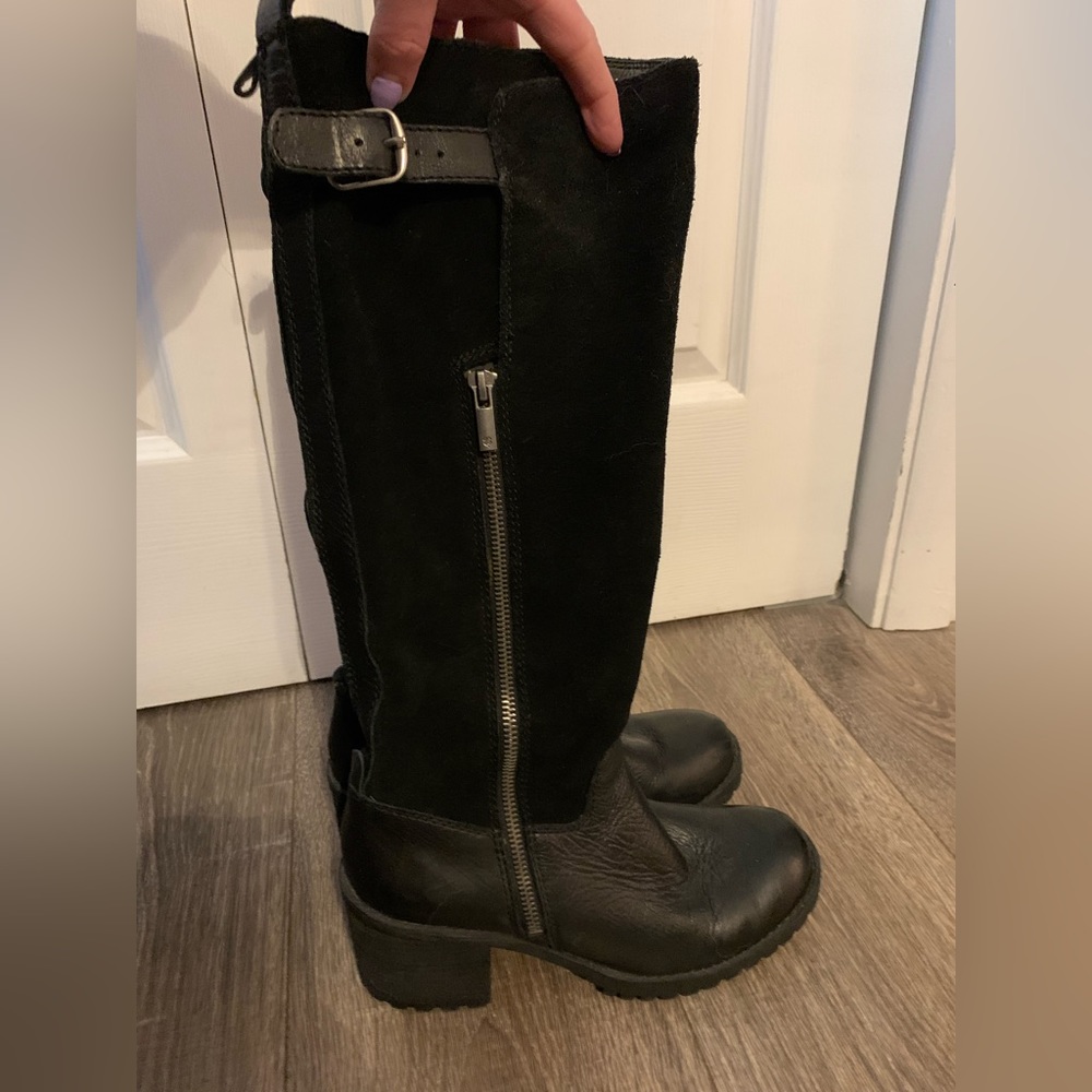 Lucky Brand Lug Sole Knee High Boots, Zip and Buckle Closure, Like New